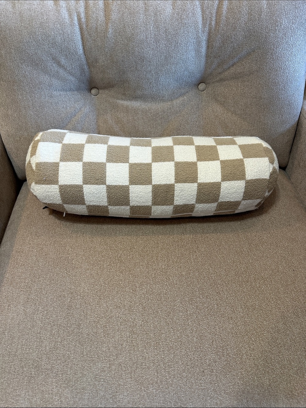 Nicole Miller Cream and Tan Checkerboard Bolster Pillow